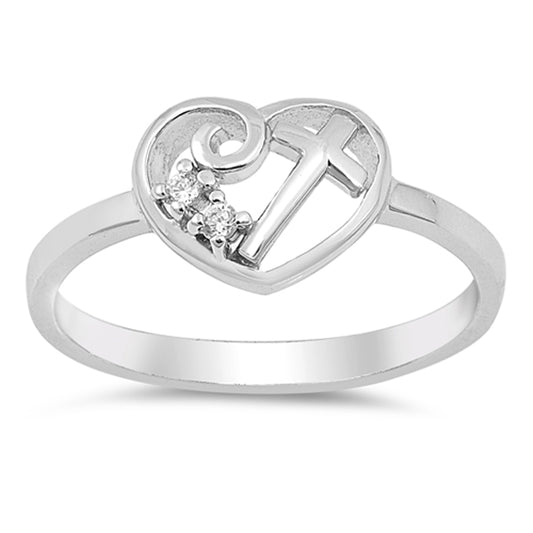 White CZ Heart Cross Promise Ring .925 Sterling Silver Christian Band Sizes 4-10