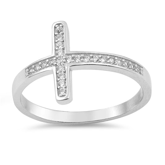 White CZ Sideways Cross Christian Ring New .925 Sterling Silver Band Sizes 4-10