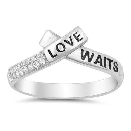 White CZ "Love Waits" Word Script Promise Ring Sterling Silver Band Sizes 4-10