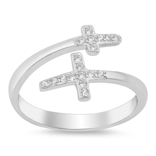 White CZ Adjustable Criss Cross Christian Ring Sterling Silver Band Sizes 4-10