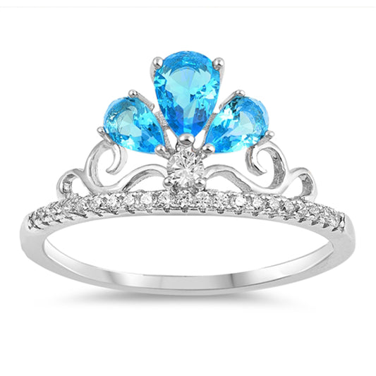 Blue Topaz CZ Teardrop Tiara Crown Princess Ring Sterling Silver Band Sizes 4-10