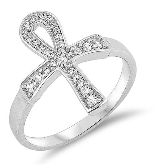 White CZ Ankh Cross Journey Pave Ring .925 Sterling Silver Micro Band Sizes 5-10