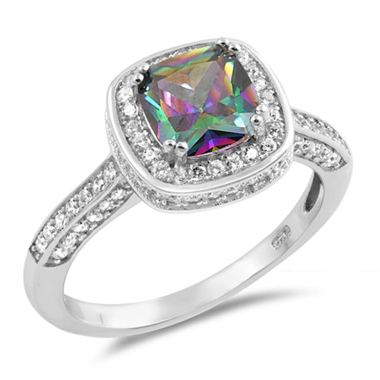 Rainbow Topaz CZ Square Halo Micro Pave Ring 925 Sterling Silver Band Sizes 5-10