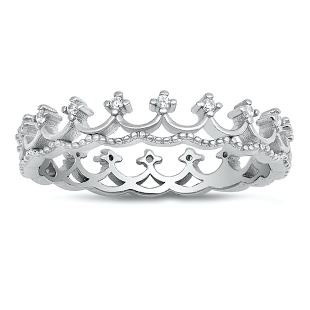 White CZ Princess Tiara Crown Eternity Ring .925 Sterling Silver Band Sizes 4-10