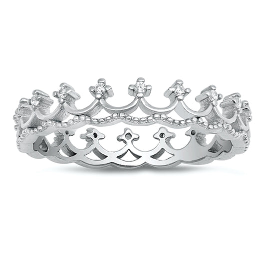 White CZ Princess Tiara Crown Eternity Ring .925 Sterling Silver Band Sizes 4-10