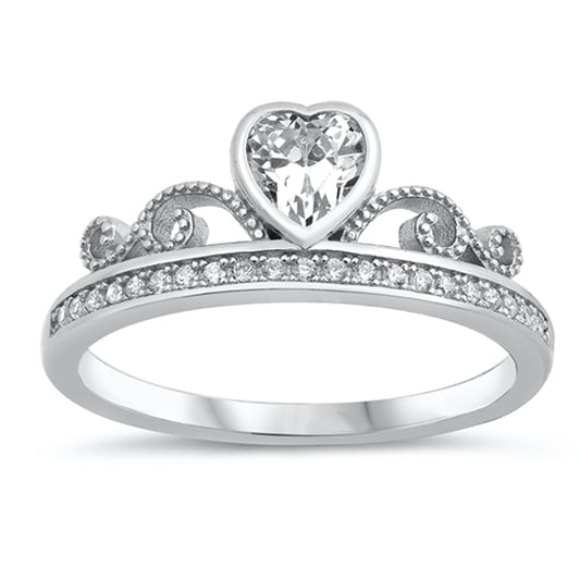 White CZ Heart Bezel Tiara Crown Ring New .925 Sterling Silver Band Sizes 5-10