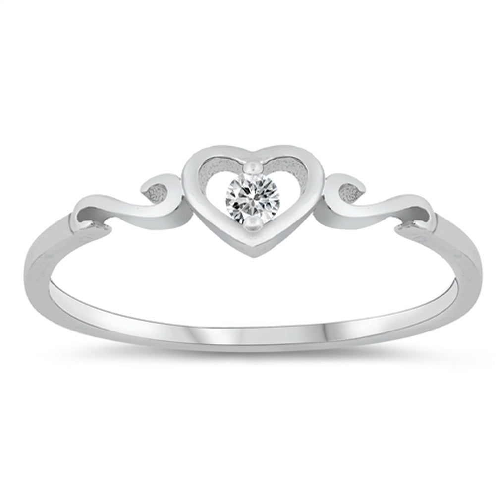 White CZ Solitaire Heart Filigree Swirl Love Sterling Silver Ring Sizes 1-10