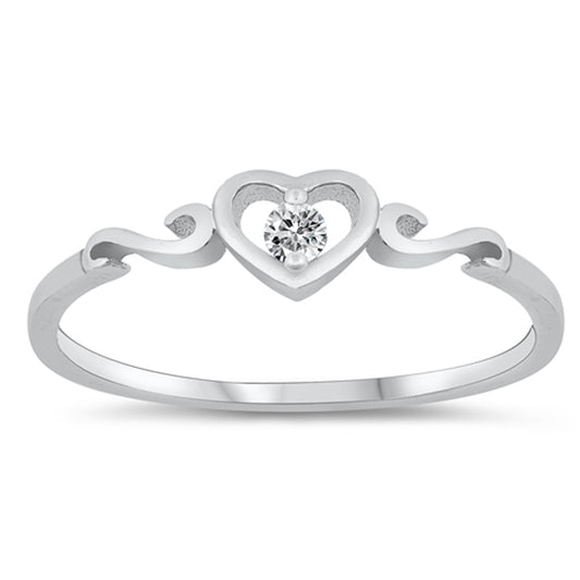 White CZ Solitaire Heart Filigree Swirl Love Sterling Silver Ring Sizes 1-10