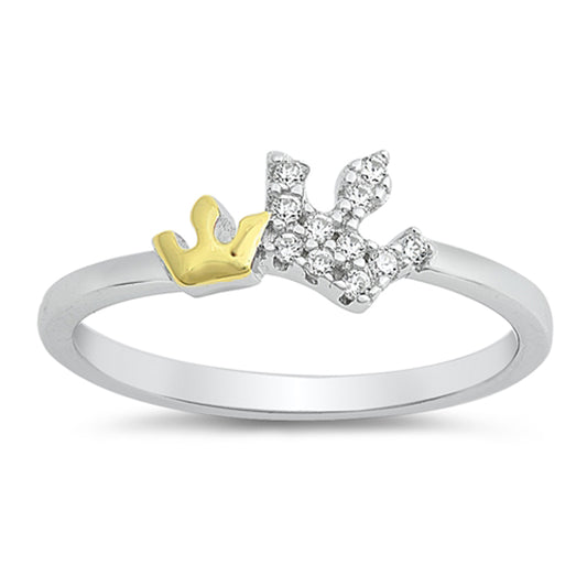 White CZ Yellow Gold-Tone Crown King's Ring .925 Sterling Silver Band Sizes 5-10