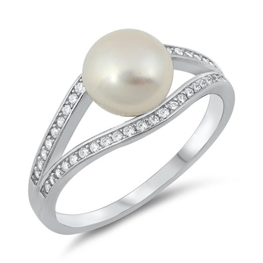 White CZ Freshwater Pearl Channel Halo Ring .925 Sterling Silver Band Sizes 4-10