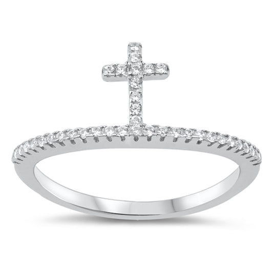 White CZ Thin Standing Cross Micro Pave Ring 925 Sterling Silver Band Sizes 5-10