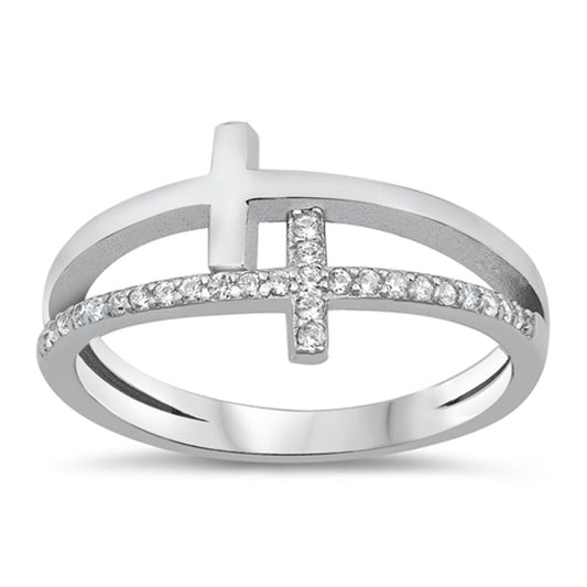 White CZ Double Cross Christian Love Ring .925 Sterling Silver Band Sizes 5-10