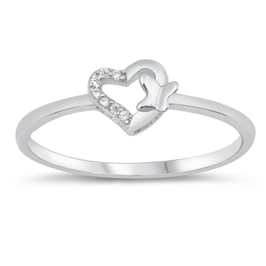Clear CZ Heart Butterfly Dainty Promise Ring 925 Sterling Silver Band Sizes 4-10