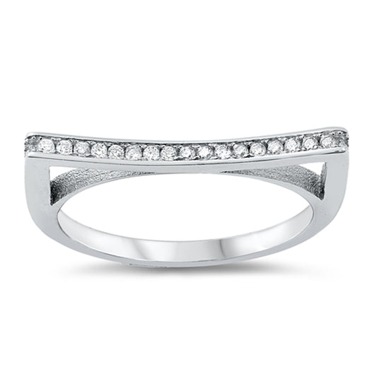 White Modern Curved Bar CZ Unique Ring New .925 Sterling Silver Band Sizes 4-10