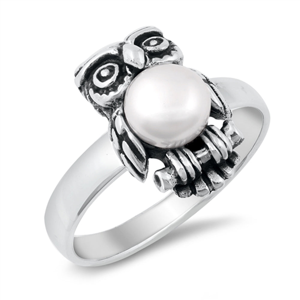 Freshwater Pearl Realistic Oxidized Owl Animal Fashion Ring New .925 Sterling Silver Band Sizes 4-10