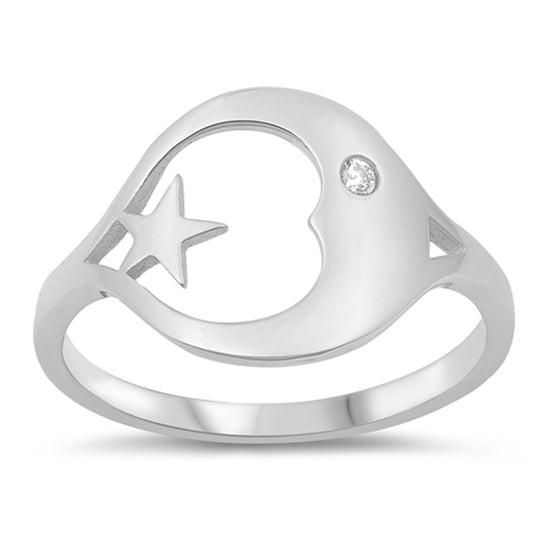 White CZ Crescent Moon Star Ring New .925 Sterling Silver Band Sizes 4-10