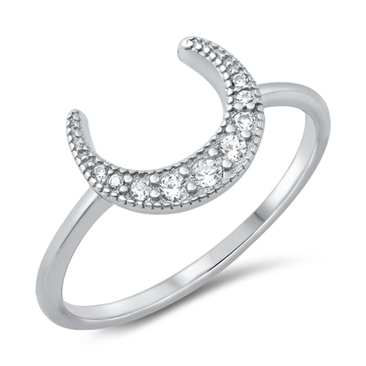 White CZ Crescent Moon Polished Ring New .925 Sterling Silver Band Sizes 4-10