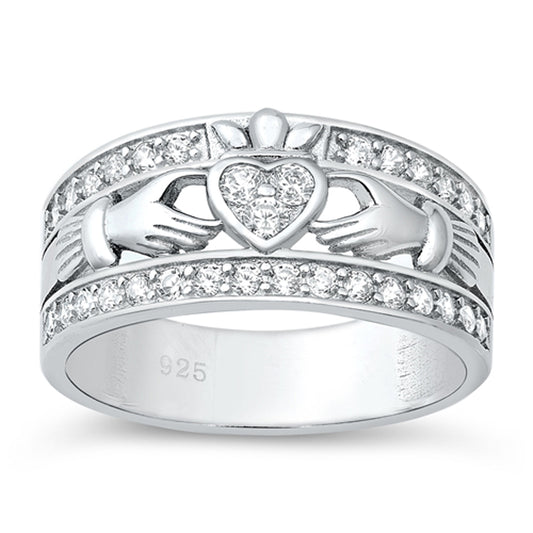 White CZ Wide Traditional Claddagh Ring New .925 Sterling Silver Band Sizes 4-10