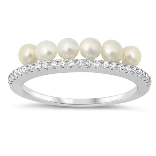 Beautiful Promise Ring Freshwater Pearls .925 Sterling Silver Band Sizes 4-10