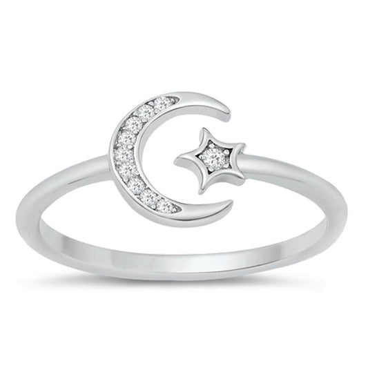 Adjustable Moon Star Clear CZ Fashion Ring .925 Sterling Silver Band Sizes 4-10