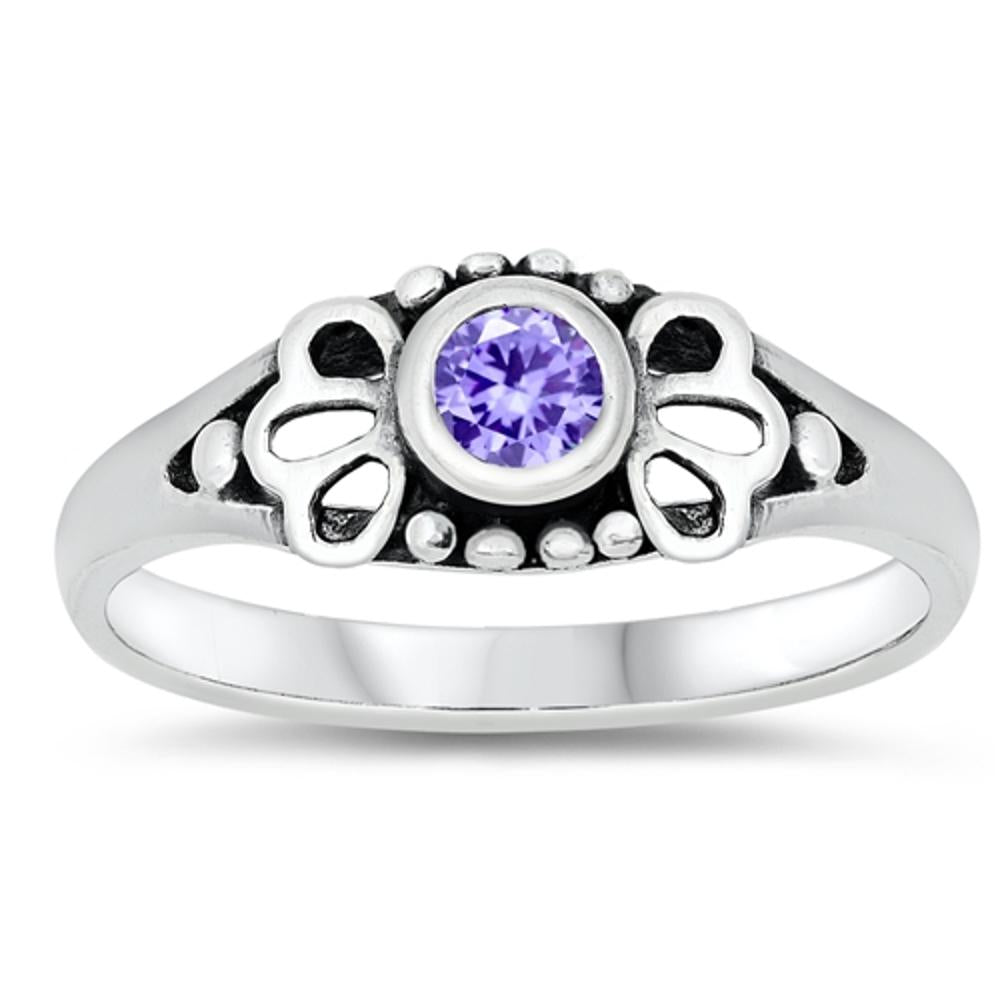 Lavender CZ Polished Cutout Floral Ring New .925 Sterling Silver Band Sizes 1-5
