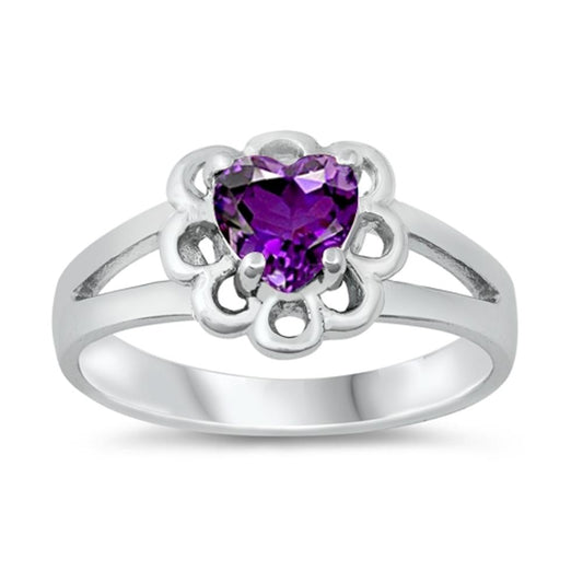 Amethyst CZ Classic Love Heart Flower Ring .925 Sterling Silver Band Sizes 1-5
