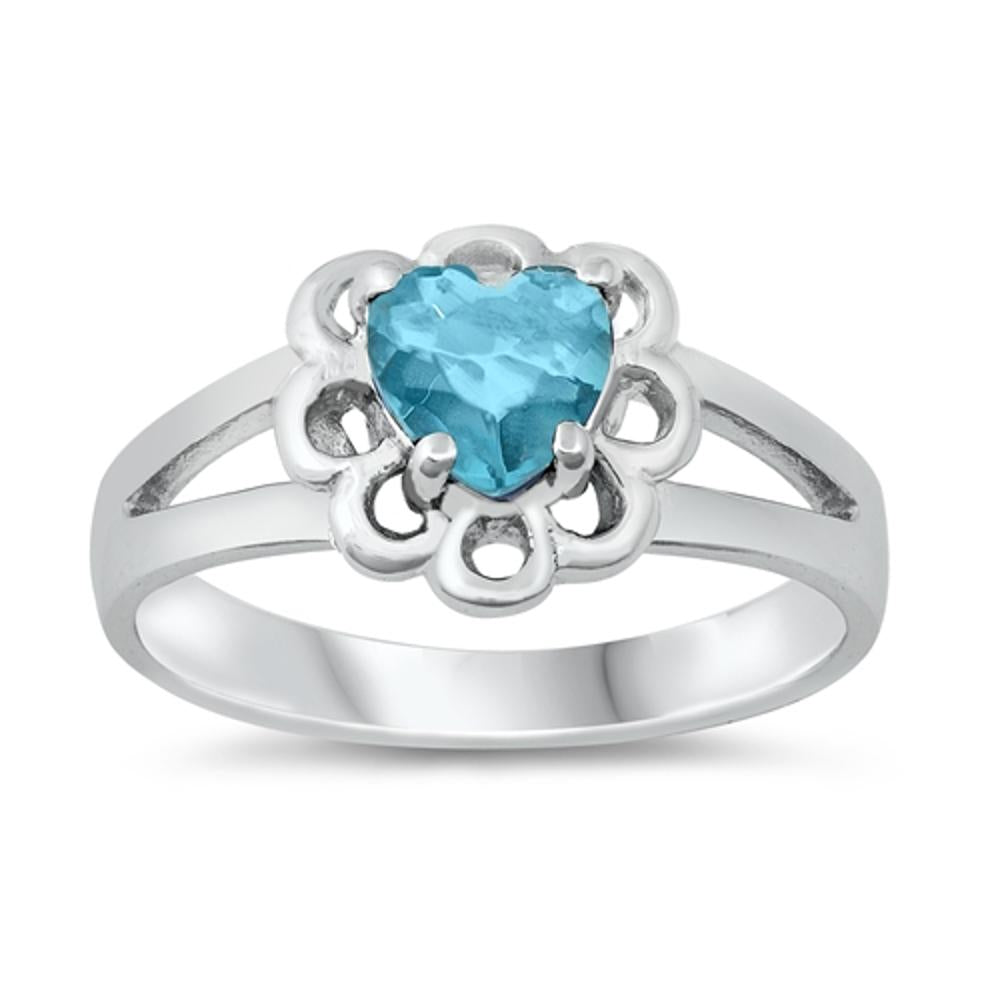 Aquamarine CZ Classic Heart Love Flower Ring 925 Sterling Silver Band Sizes 1-5