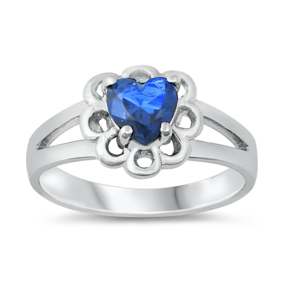 Blue Sapphire CZ Love Heart Cute Ring New .925 Sterling Silver Band Sizes 1-5