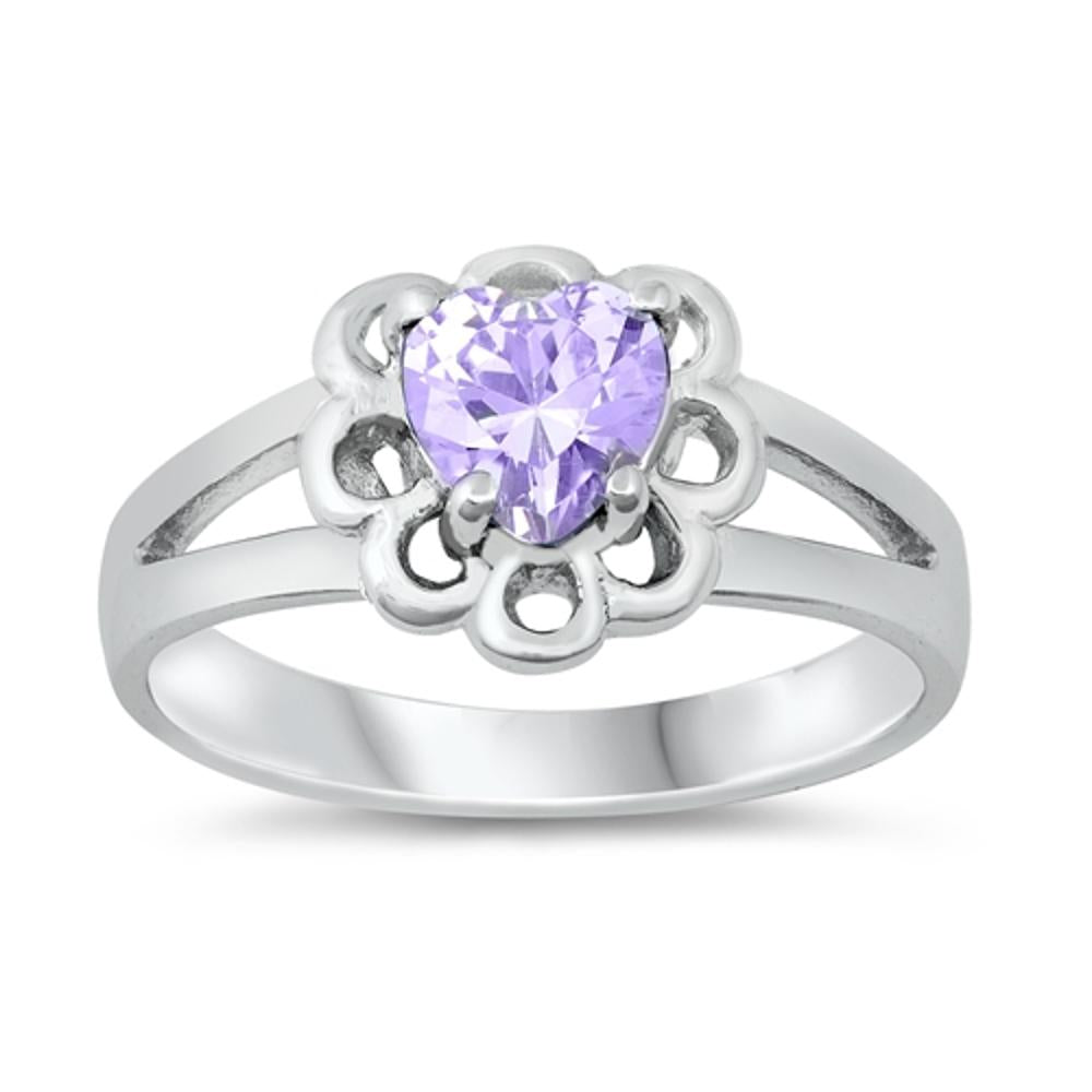 Lavender Promise Heart Flower CZ Unique Ring New .925 Sterling Silver Band Sizes 1-5