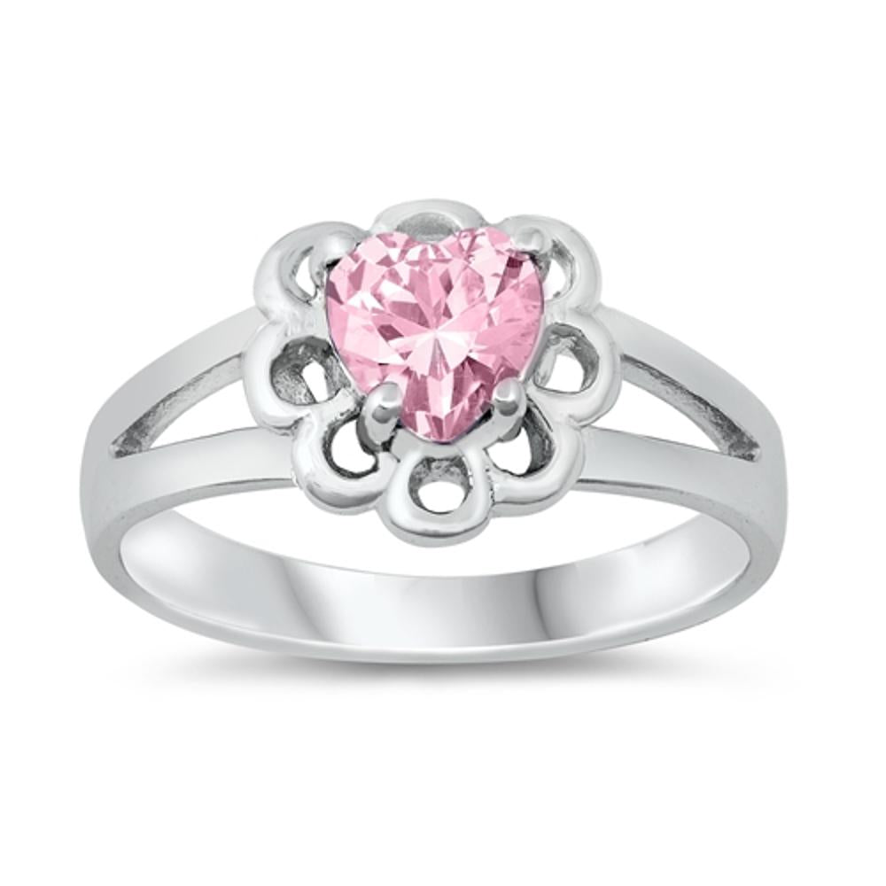 Pink CZ Polished Heart Love Cute Ring New .925 Sterling Silver Band Sizes 1-5