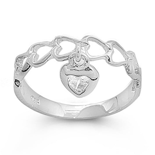 White CZ Hanging Heart Cutout Love Ring New .925 Sterling Silver Band Sizes 1-5