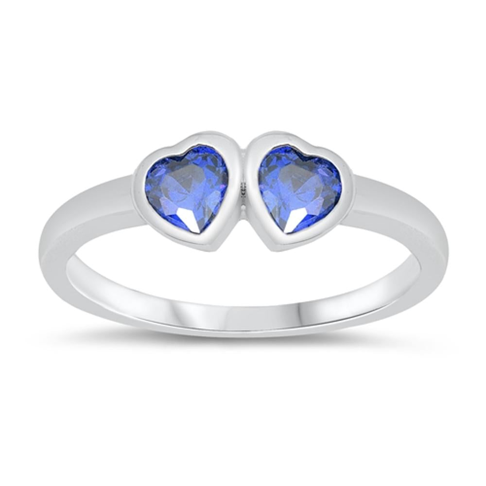 Blue Sapphire CZ Double Love Heart Promise Sterling Silver Ring Sizes 1-5
