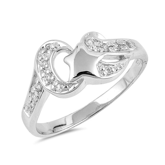 White CZ Crescent Moon Fashion Ring New .925 Sterling Silver Band Sizes 5-9