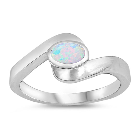 White Lab Opal Oval Fire Inlay Wave Ring New 925 Sterling Silver Band Sizes 4-10