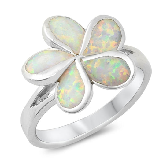 White Lab Opal Tropical Plumeria Flower Ring 925 Sterling Silver Band Sizes 6-9