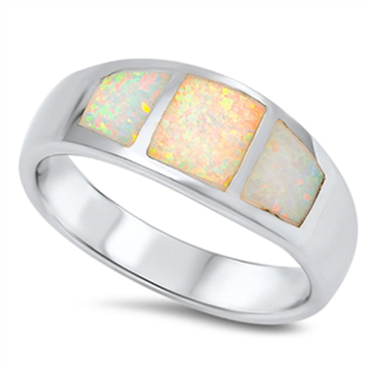 White Lab Opal Mosaic Polished Ring .925 Sterling Silver Thumb Band Sizes 5-10