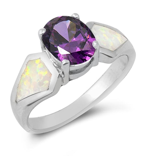 Amethyst CZ Oval Polished Unique Ring New .925 Sterling Silver Band Sizes 6-9