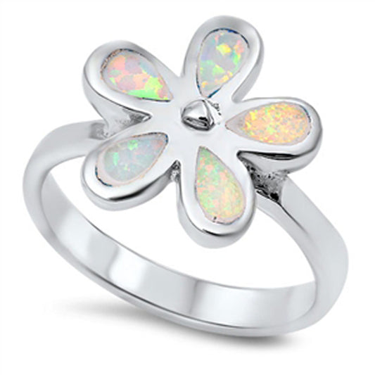 White Lab Opal Unique Flower Cute Ring New .925 Sterling Silver Band Sizes 6-9