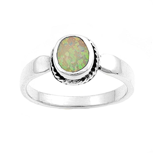 White Lab Opal Oval Rope Polished Ring New .925 Sterling Silver Band Sizes 5-9
