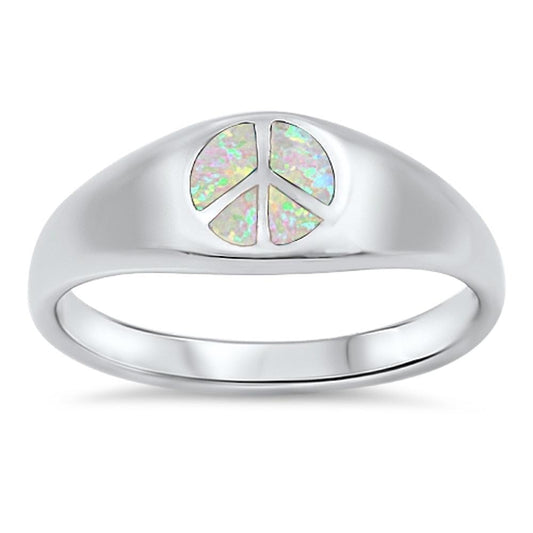 White Lab Opal Polished Peace Sign Ring New .925 Sterling Silver Band Sizes 6-9