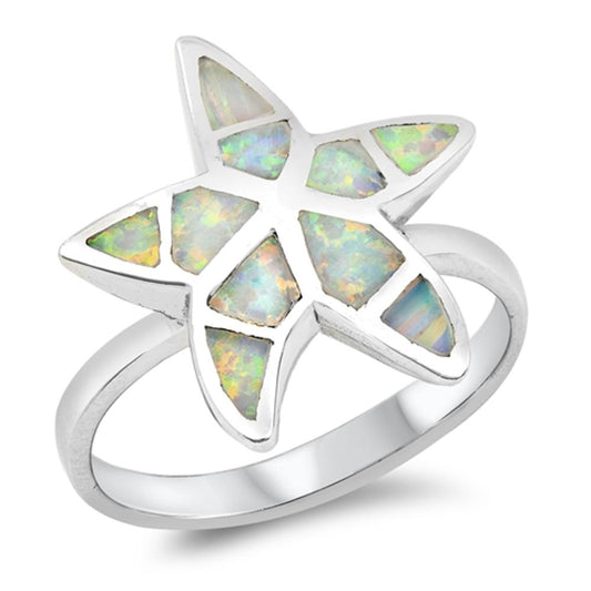 White Lab Opal Starfish Animal Ocean Ring Sterling Silver Thumb Band Sizes 5-10