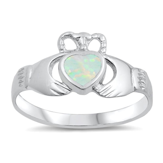 White Lab Opal Unique Claddagh Promise Ring .925 Sterling Silver Band Sizes 5-10