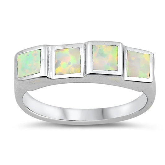 White Lab Opal Unique Polished Mosaic Ring .925 Sterling Silver Band Sizes 5-10