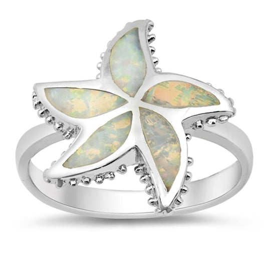 White Lab Opal Starfish Polished Animal Ring 925 Sterling Silver Band Sizes 5-10