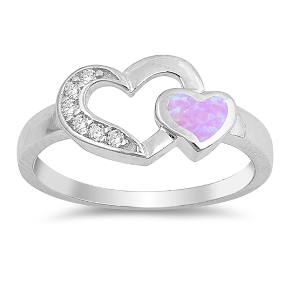 Pink Lab Opal Two Hearts Cute Love Ring New .925 Sterling Silver Band Sizes 5-10