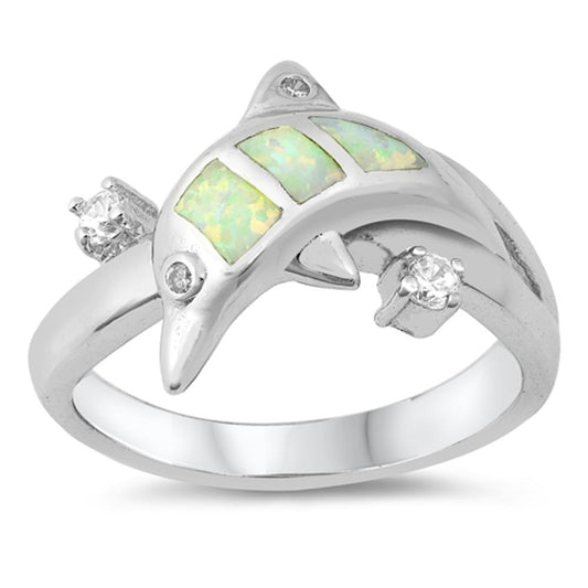 White Lab Opal Dolphin Animal Ocean Ring New 925 Sterling Silver Band Sizes 5-9