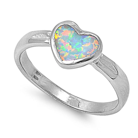 White Lab Opal Heart Love Promise Ring New .925 Sterling Silver Band Sizes 6-9