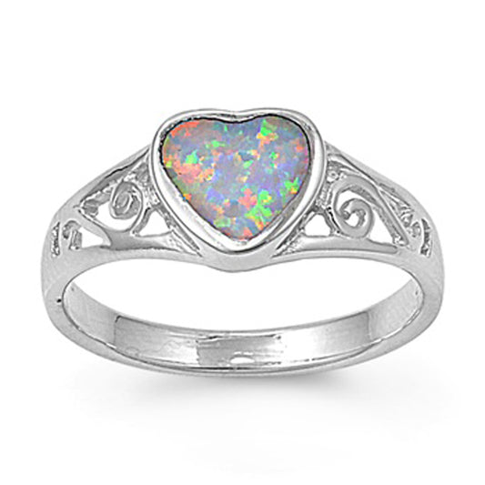 White Lab Opal Polished Filigree Heart Ring .925 Sterling Silver Band Sizes 5-10