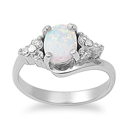 White Lab Opal Solitaire Polished Elegant Ring Sterling Silver Band Sizes 5-10