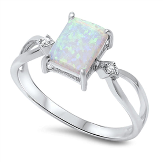 White Lab Opal Criss Cross Square Solitaire Ring Sterling Silver Band Sizes 4-12